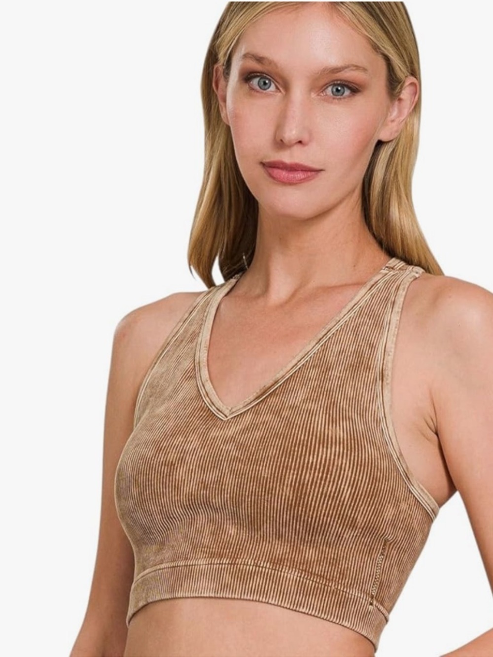 Zenana Trista Washed Ribbed Seamless V-Neck Racerback Padded Bra Dark Camel S/M